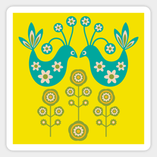 LOVE BIRDS Folk Art Mid-Century Modern Scandi Floral With Birds Flowers Feathers in Turquoise Cream Green Yellow - UnBlink Studio by Jackie Tahara Magnet